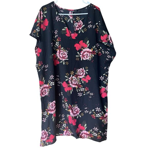Black Tropical Floral Batwing Dolman Short Sleeves Shift Dress Size 3X - Picture 3 of 10